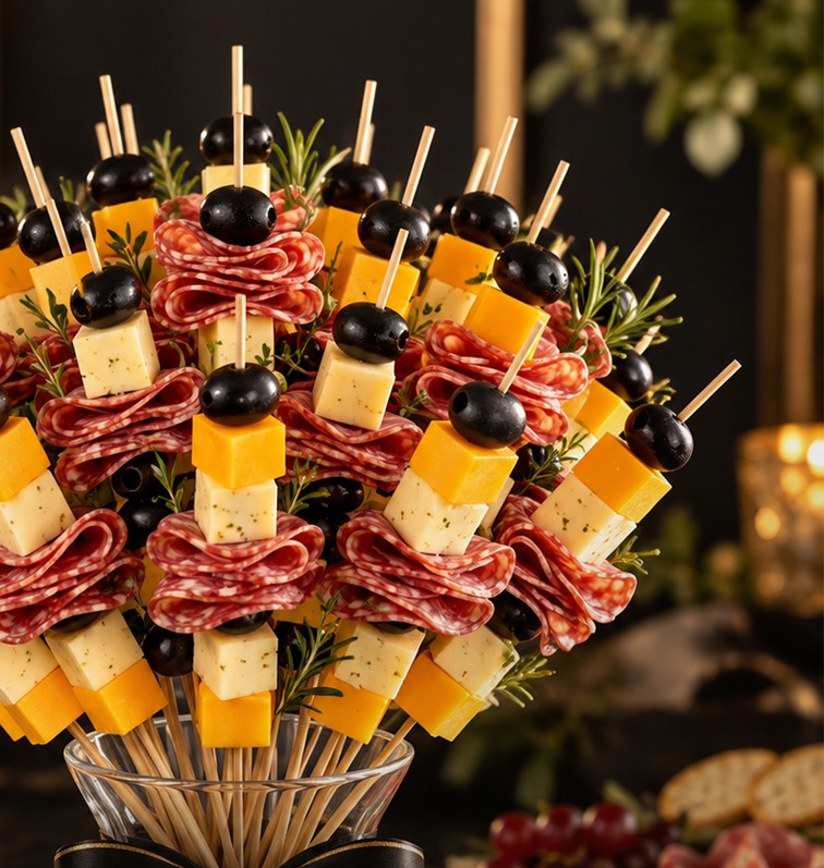 A Veloura salami and cheese skewer bouquet, arranged in a glass vase with a black ribbon