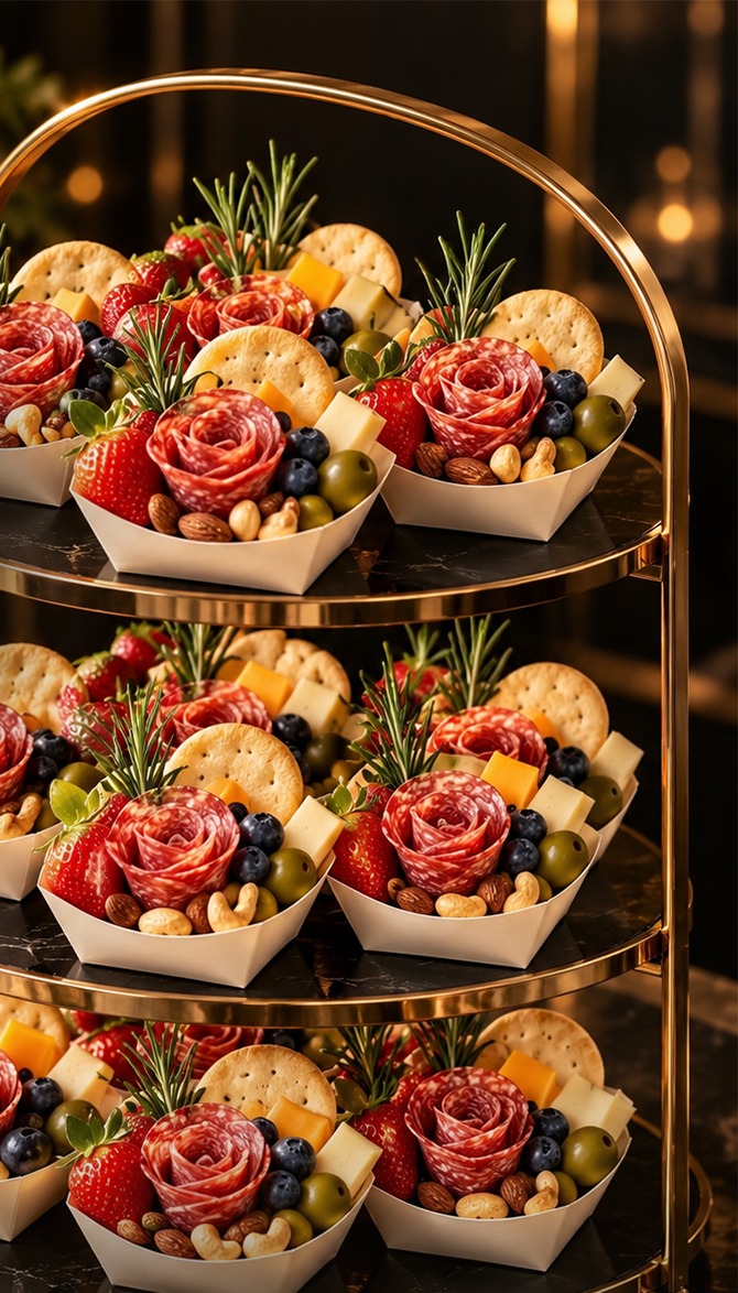Veloura signature salami rose cups with cheese, crackers, blueberries and fresh rosemary, served on a tiered gold stand